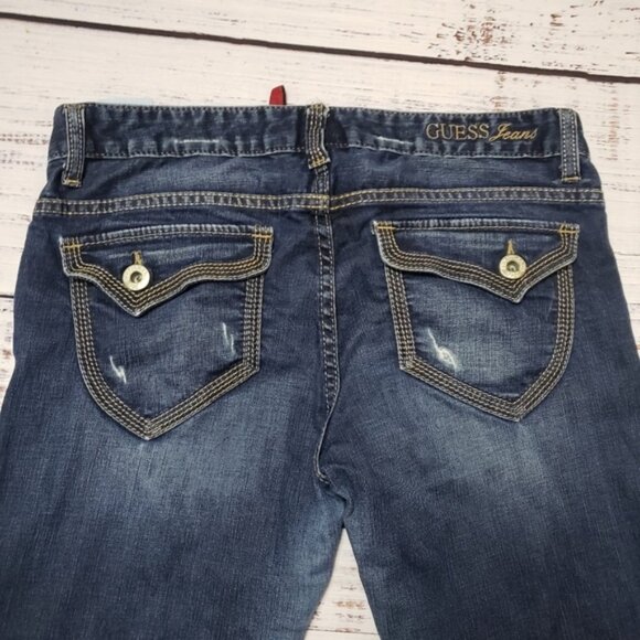 Guess Jeans Flirty Boot Cut Dark Wash Stretch Distressed Flap Pockets - Picture 8 of 15